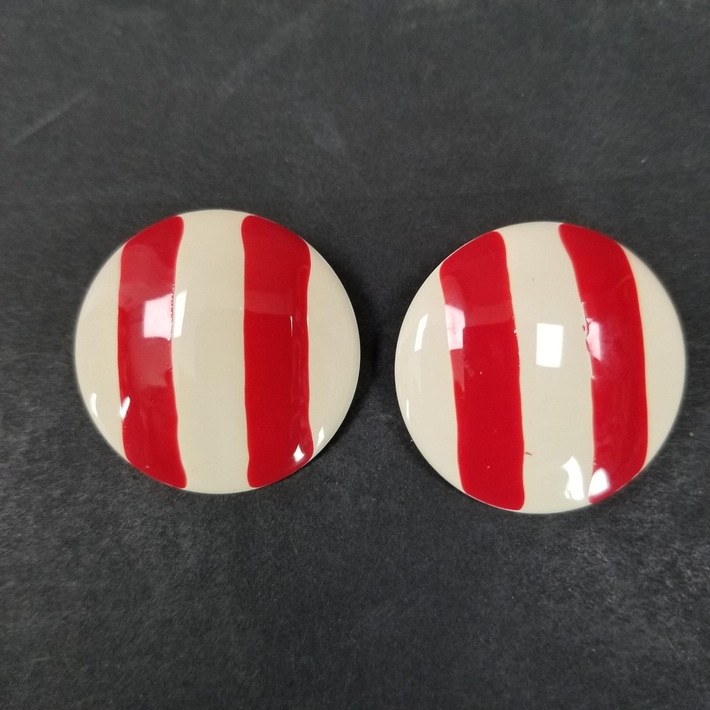 Vintage Red White Striped Button Earrings Large Round Enamel 1.5in Nautical